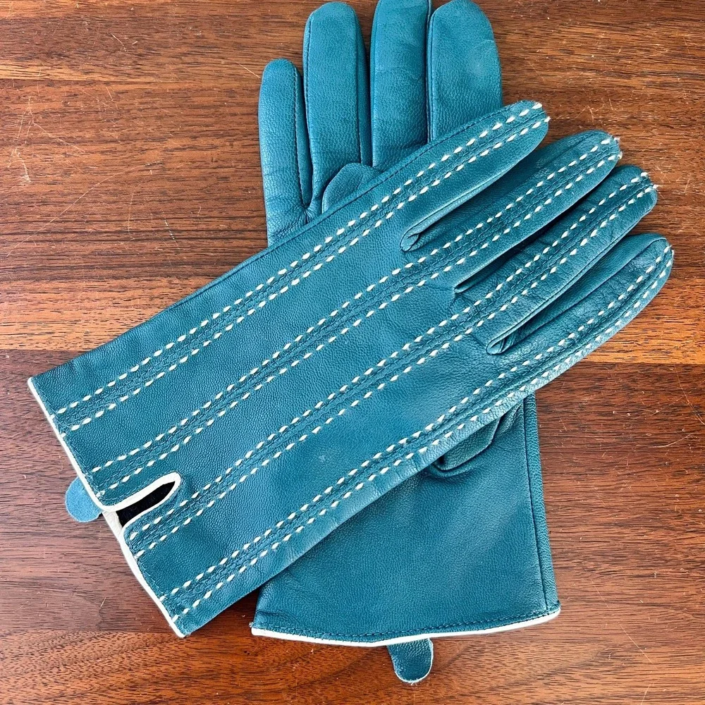 Vintage Teal Leather Gloves With White Saddle-Style Stitching Womens L XL Retro
